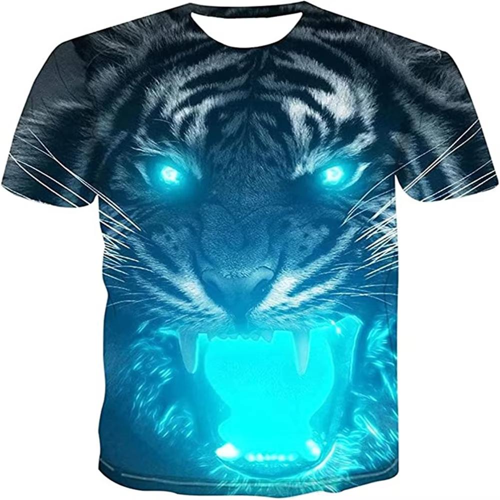 Boys' T-shirt Cool Tiger 3D Printed Children's Short Sleeved Round Neck Pullover, Outdoor Casual and Comfortable Children's Clothing