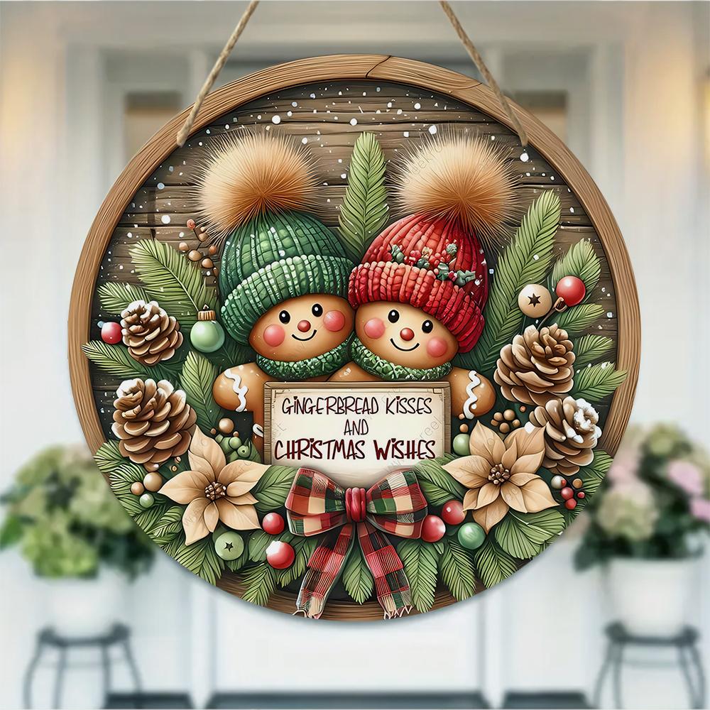 Gingerbread couple Christmas decor Round Wooden Hanging Plaque festive wall sign rustic holiday ornament for front door home party supplies