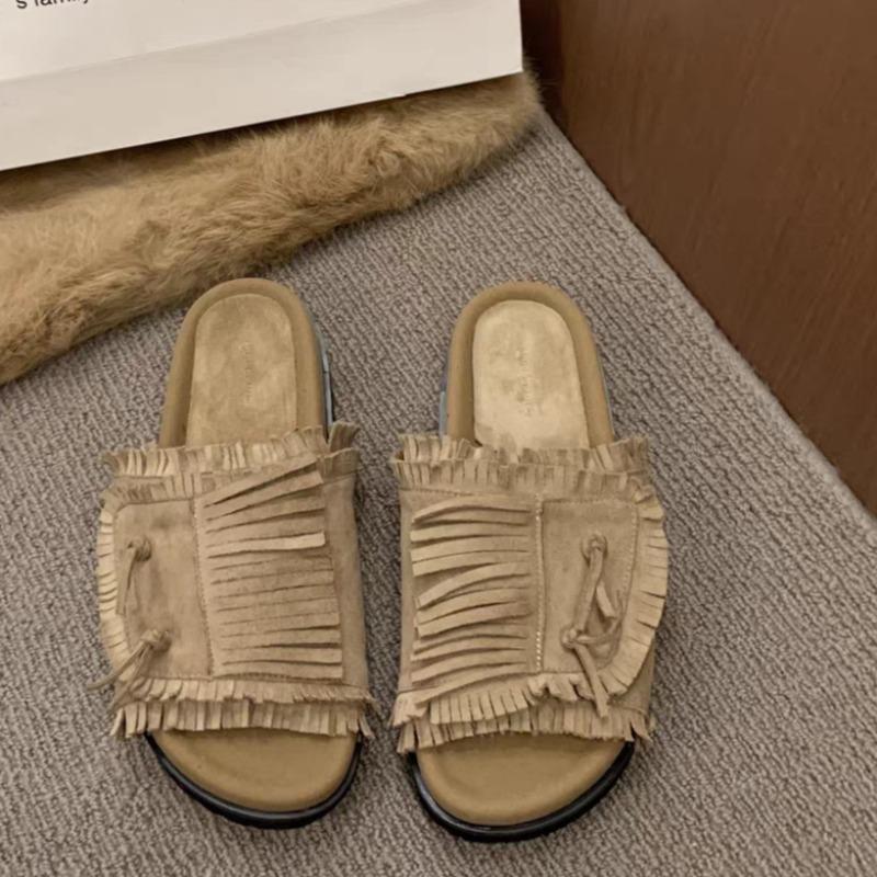 

Plus Size Tassel Suede Flats Summer New Round Toe Open Toe Soft Slip Slippers 35