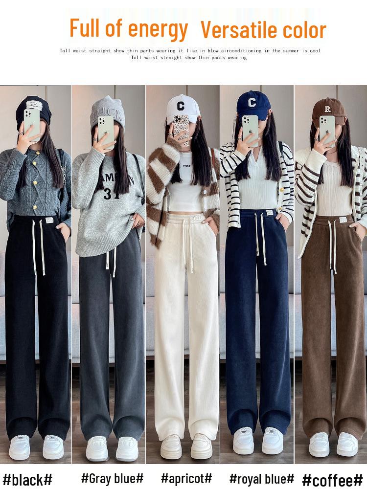 Women's Chenille Wide-Leg Pants - New 2025 Spring & Autumn Collection, Small Size, European Cotton Velvet, Fleece-Lined, Casual Straight-Leg Design.