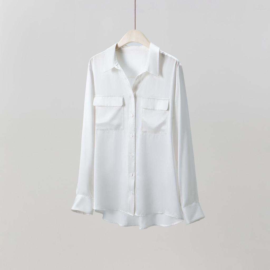 Women's Long Sleeve Heavyweight Mulberry Silk Square Neck Shirt - 2026 Spring Collection, White
