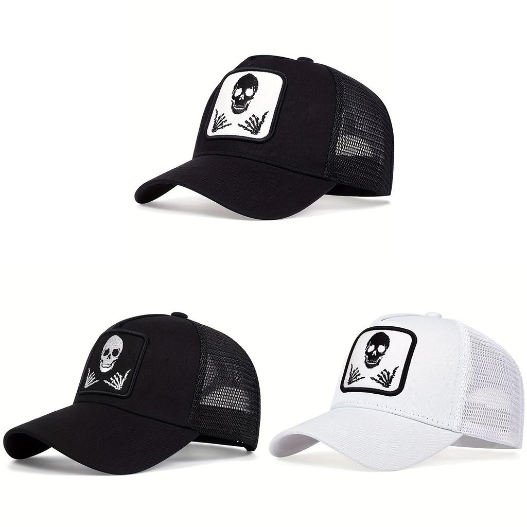 Cotton Unisex Skull Mesh Cap With Embroidery For Summer Outdoor Wear