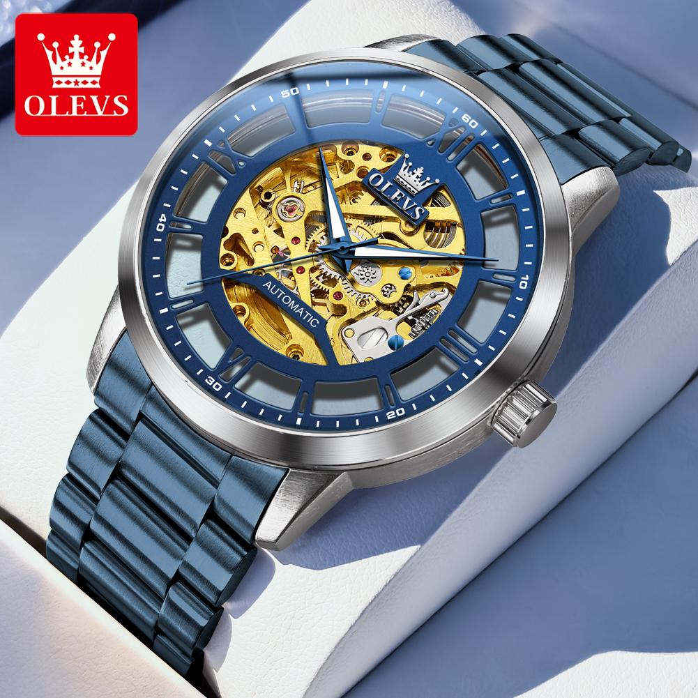 OLEVS 6728 Luxury Wristwatches For Man Luminous Skeleton Stainless Steel Strap Men's Sport Automatic Mechanical Men's Watches