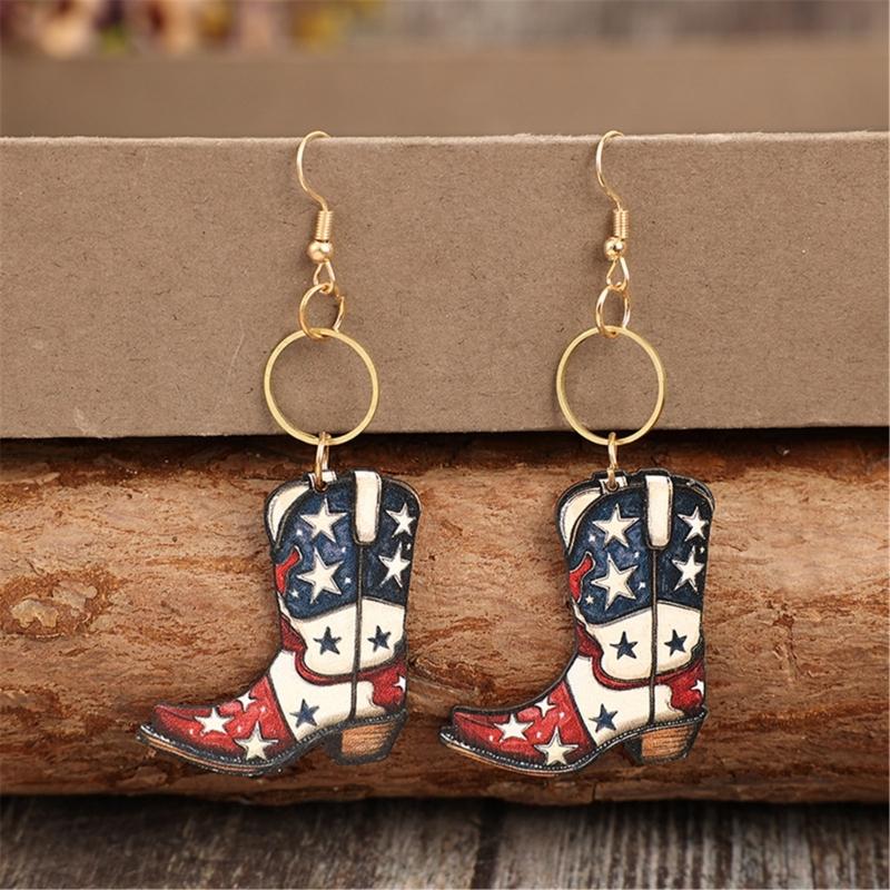Vintage Inspired Star Print Wood Earrings Portable Accessory for Independence Day and Festive Occasions Casual Wear