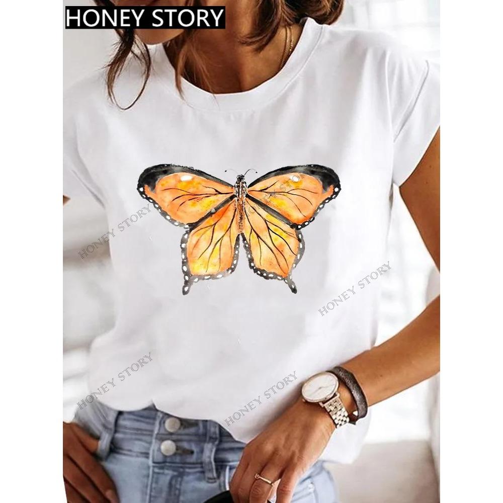 Fashion Purple Butterfly Print Women T-Shirt Summer Casual Short