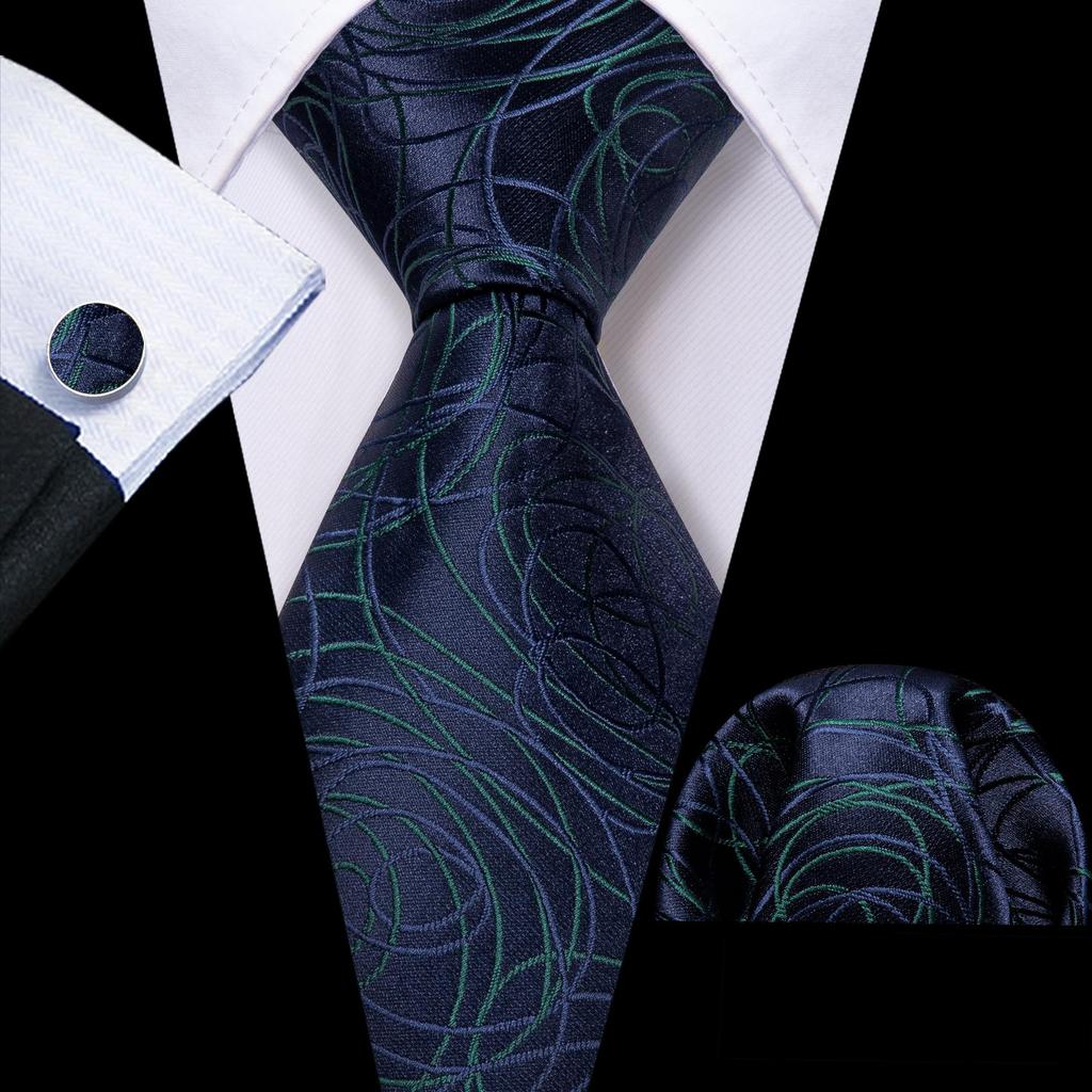 Barry.Wang Necktie Hankerchief Cufflinks Set Black Paisley Jacquard Woven Wedding