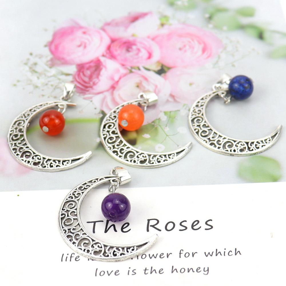 Hollow Moon Natural Crystal Bead Pendant Necklace Amethyst Pendant Couple N598