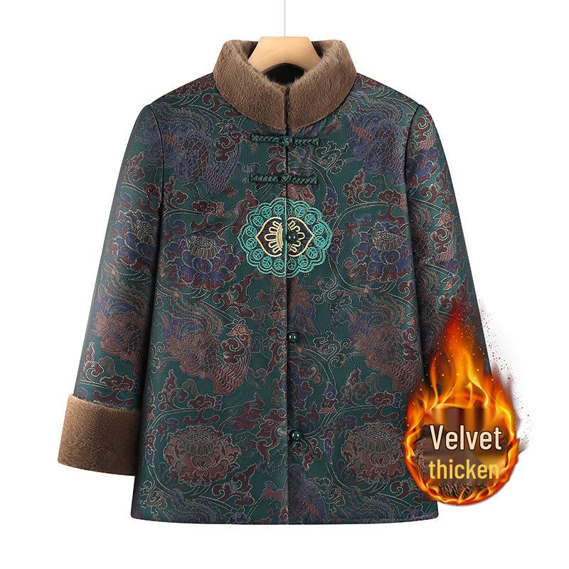 Elderly Women's Plus Velvet Thickened Cotton Winter Jacket - Warm Tang Suit Style