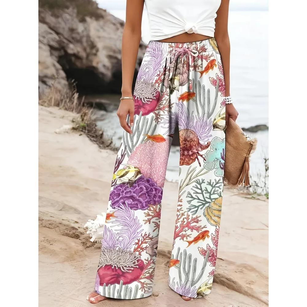 Summer Women's Fashion Floral Print Long Wide Leg Pants Elastic Waist Haren Pants Casual Pants Haren Pants