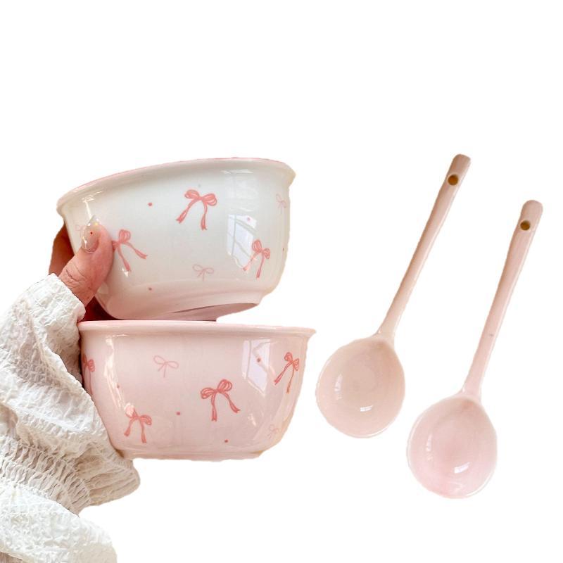Set de 2 boluri ceramice cu 2 linguri Bol Drăguț Cadou Boluri ceramice Cadouri de ziua de naștere Desert Utilizare zilnică