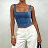 Top Bustier Corset Denim Pătrat pentru Femei Slim Cropped Fabric cu Elasticitate Medie Toate Sezoanele Navetă Urbană Culoare Solidă Sexy Streetwear Maiou