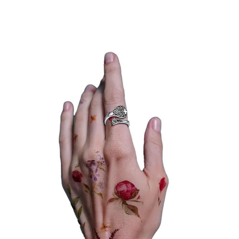European Retro Cross Adjustable Ring with 3D Embossed Flowers