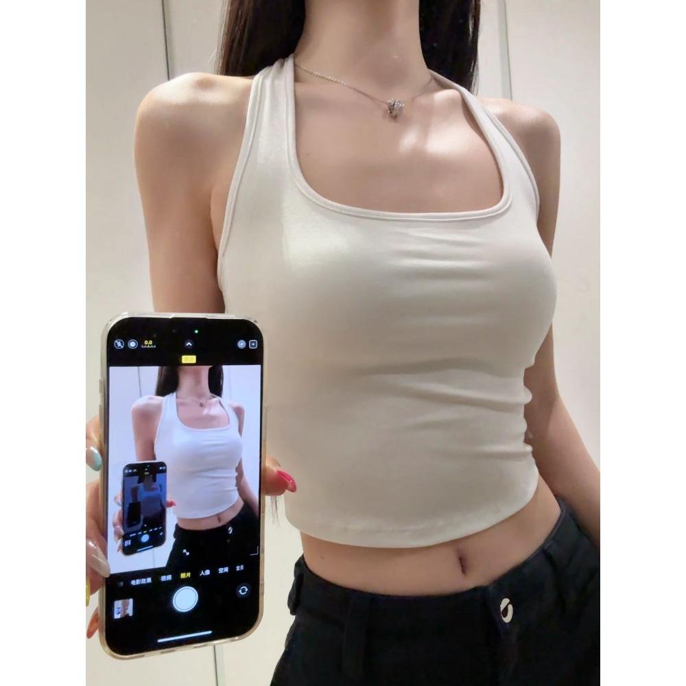 Chain Halter Camisole Sexy Backless Beauty Back Tank Top With Built-in Bra Hollow Out Bralette For Outer Wear