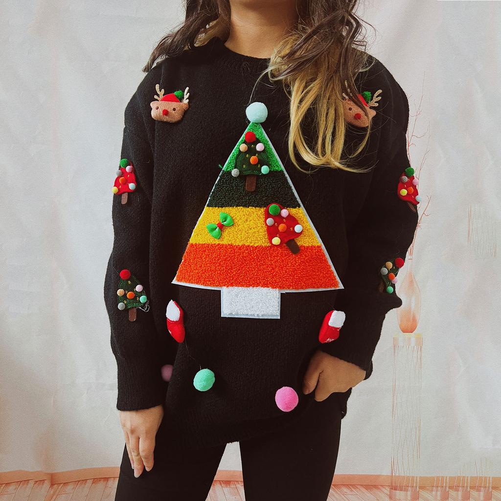 Christmas Sweater Women's Long Sleeved Lazy Style Round Neck Pullover Knitted Sweater