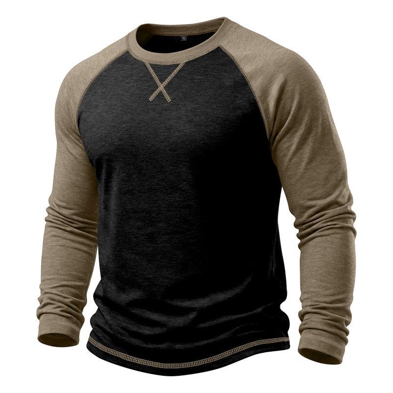 Mens Long Sleeve Round Neck Basic Color Block T Shirt