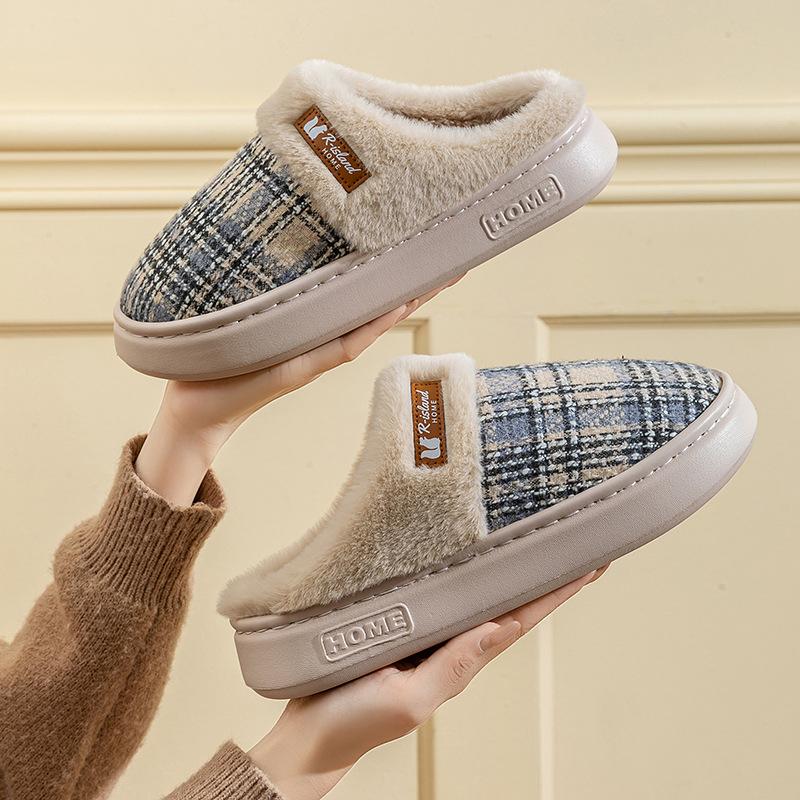 Simple temperament cotton shoes autumn and winter lines plaid indoor home velvet couple thick-soled warm cotton slippers