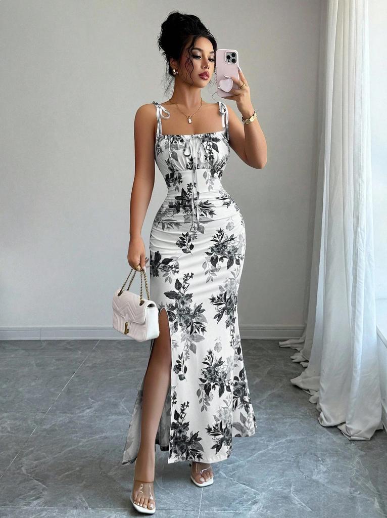 Import and Export, European and American Women's Clothing Suspender Flower Slim Split Dress