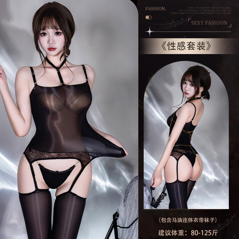 Sex Underwear 6D Oily Stockings Suspenders Black Silk Onesie Oily Pure Silky Slippery Body Suspenders Onesie