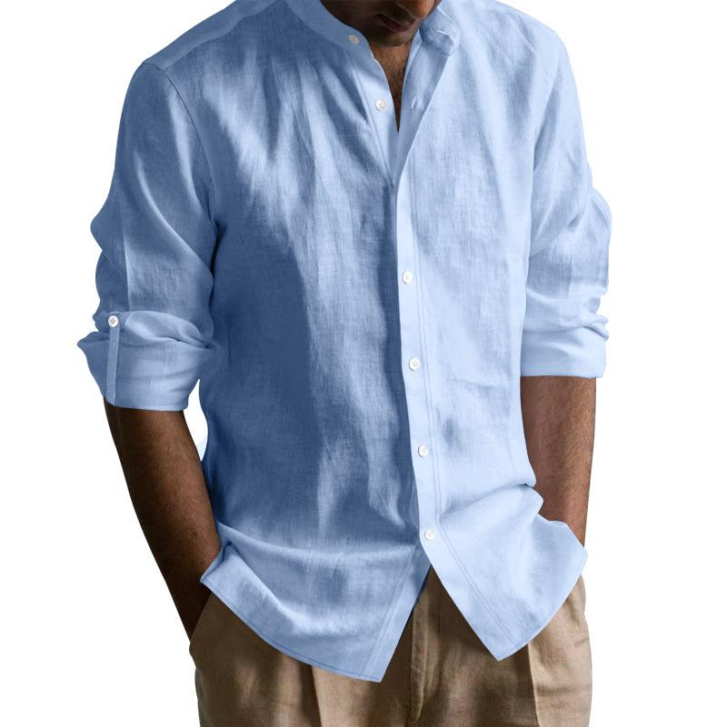 Cotton Linen Hot Sale Men's Long-Sleeved Shirts Summer Solid Color Stand-Up Collar Casual Beach Style Plus Size