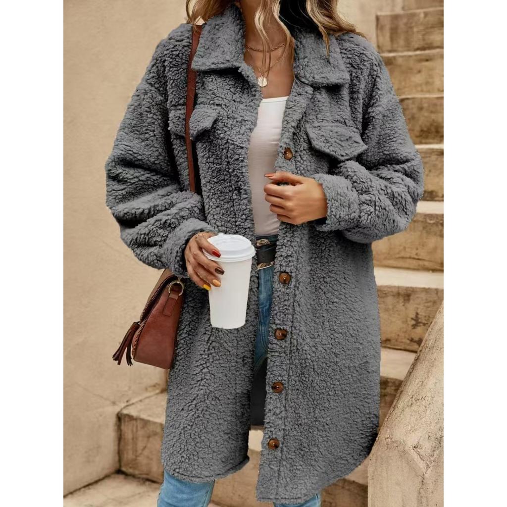 Women's Winter Long Loose Plush Coat, Turn-down Collar Buttoned Open Front Oversized Warm Overcoat for Women, European & American Style