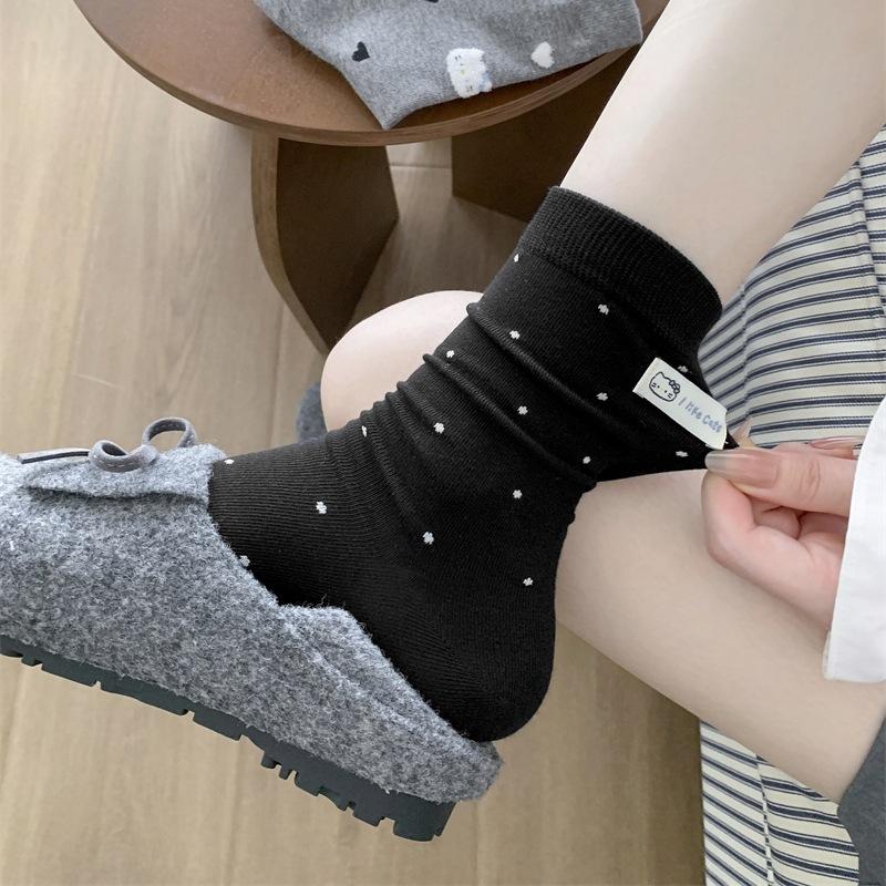 Cartoon Embroidery Bow Pure Cotton Mid-Leg Socks Socks Women Boneless Socks Flocked Cat Kt Cat Cute One size fits all чёрный