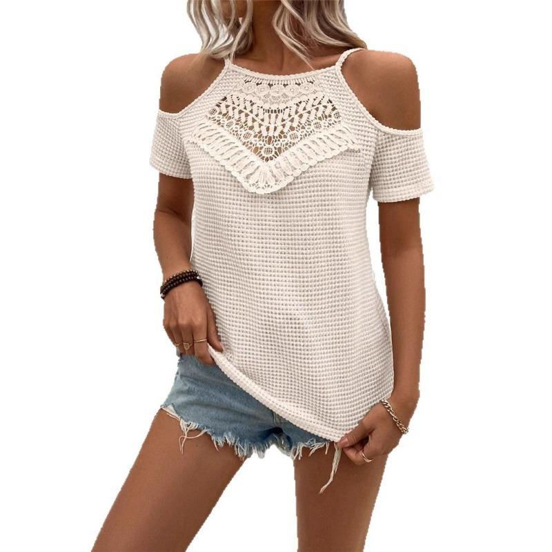 Summer New Women's Lace Splicing Design Knitted Suspender Off-shoulder T-shirt Top