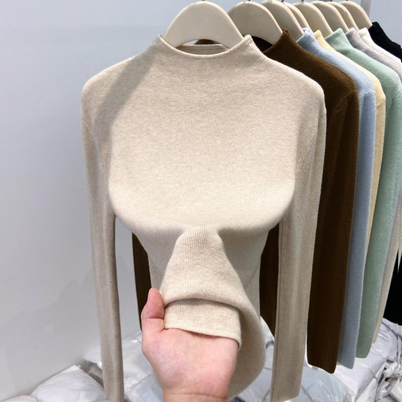 Thickened warm integrated fleece semi-turtleneck knitted sweater women's spring soft waxy inner bottoming shirt solid color top