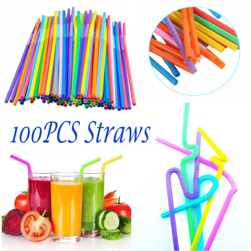 100PCS Flexible Plastic Straws, Colorful Disposable Bendy Party Fancy Straws Extra Long Straws Party Decorations