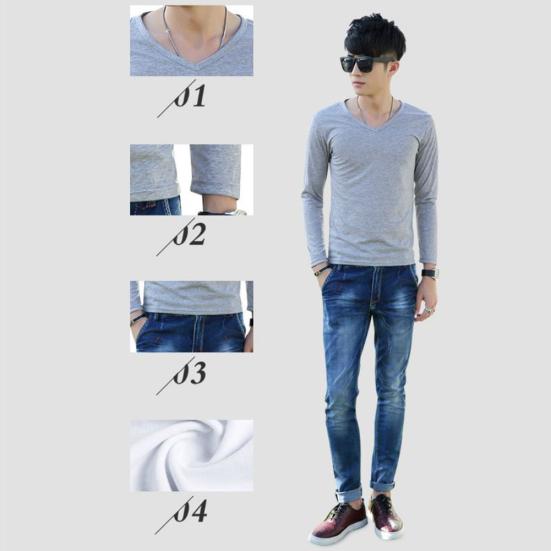 Long Sleeve Men's T-Shirt Slim Fit V-Neck Casual Solid Color Tee Bottoming Top