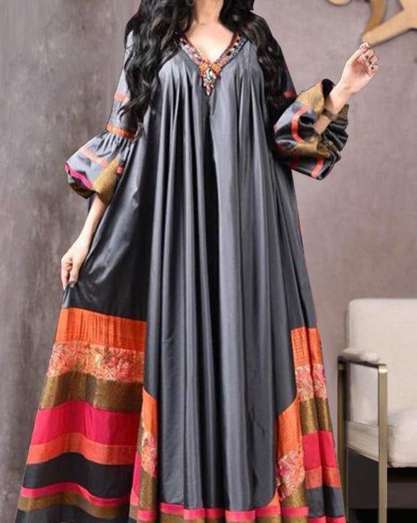 Robe imprimée rétro vintage pour femmes, confortable, douce, ample, moyen-orientale, décontractée, manches longues, col en V, ample, musulmane, abayas pour femmes