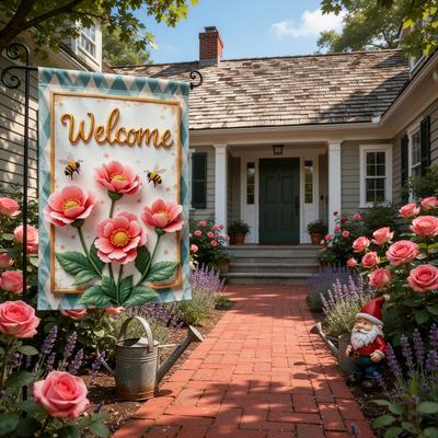 Welcome Garden Flag 12x18 Double Sided Spring Bumble Bee Flowers Yard Flag Floral Geometric Argyle Outdoor Vertical Porch Banner