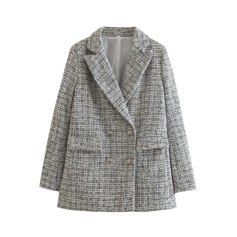 Autumn Women's Jacket Tweed Pocket Decoration Vintage Long Sleeve Blazer