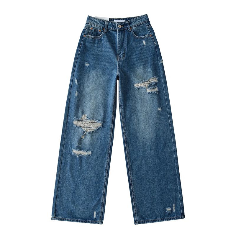 Spring and Summer New Women's Clothing Ins Casual All-Matching Fashion High Waist Loose Hole Wide Leg Mop Denim Pants