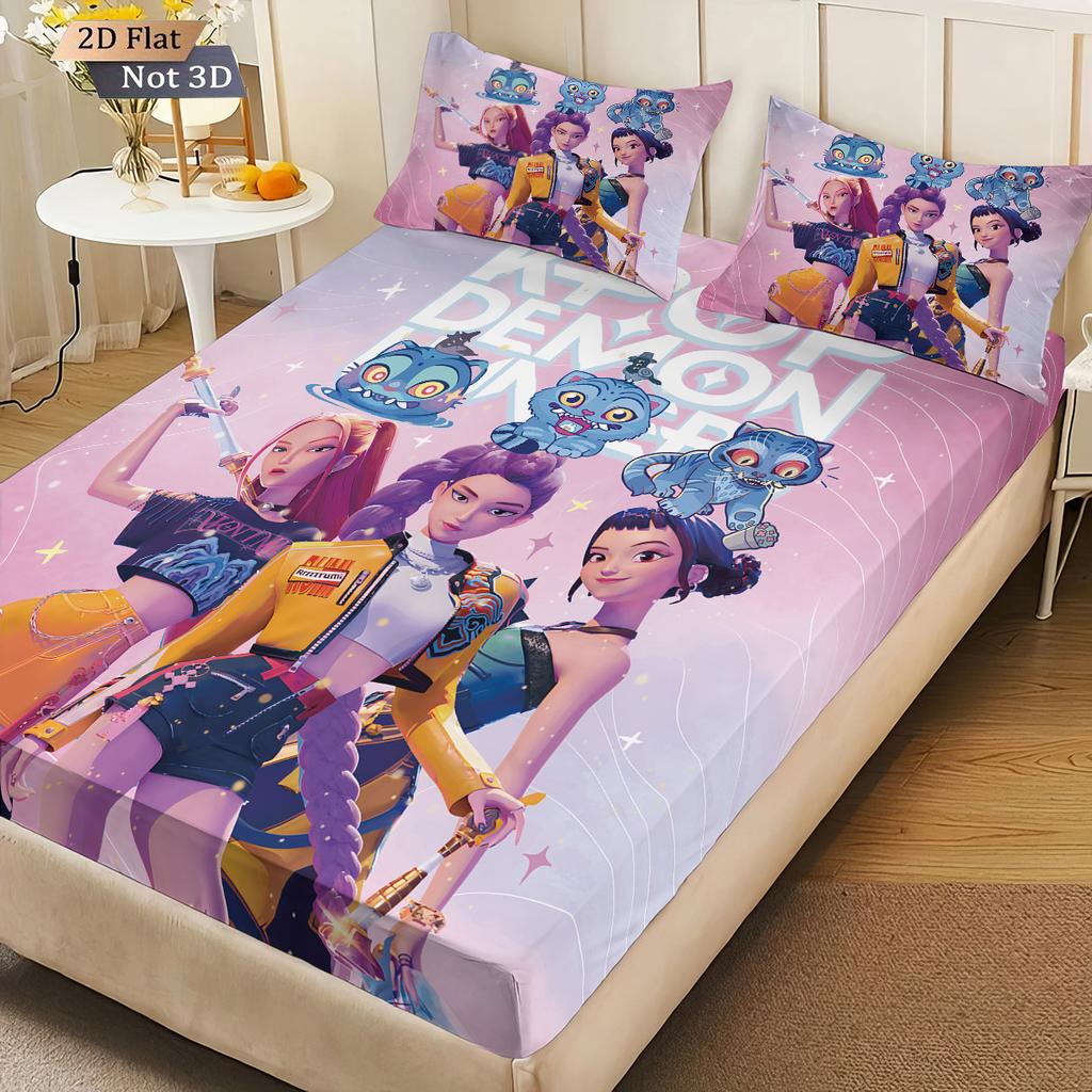 3pcs K-Pop Demon Hunters Print Coreless Bed Sheet Set Multiple Sizes Soft Bed Cover Bedroom Bedding Decoration Machine Washable