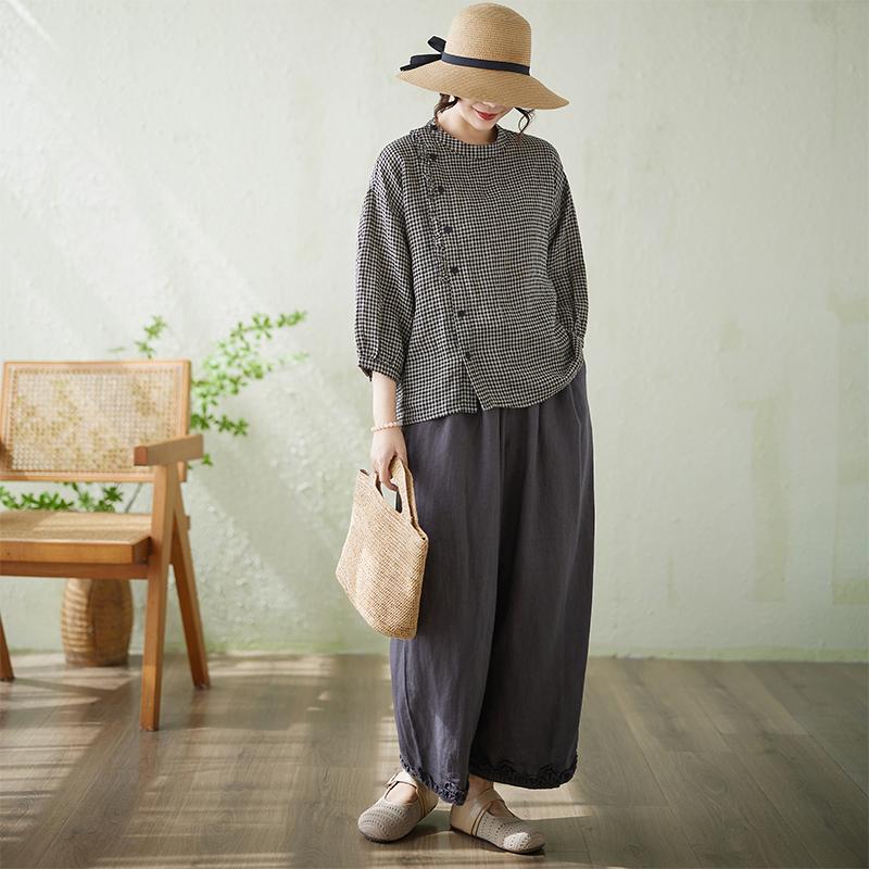 DIMANAF 2026 Plus Size Summer Women Blouse Shirts Tunic Oversize Loose Casual Lady Tops Vintage Lady Plaid Black