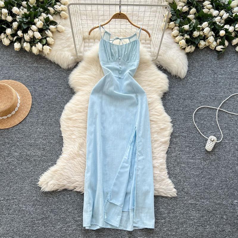 A Backless Off-the-neck Halter Dress for Women A Cinched Waist, Slimming and Slit Vacation Dress