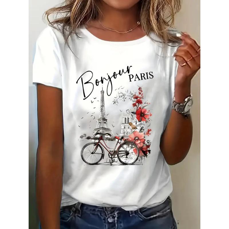 

Модная повседневная футболка с коротким рукавом и принтом «Bonjour Paris» для женщин, графическая одежда S