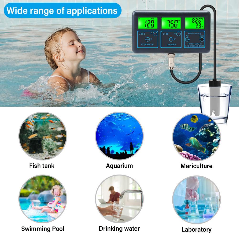 WiFi 7 in 1 Water Quality Test Gauge PH ORP EC PPM CFR Humidity Temperature Water Tester Backlight LCD Display for Swimming Pool