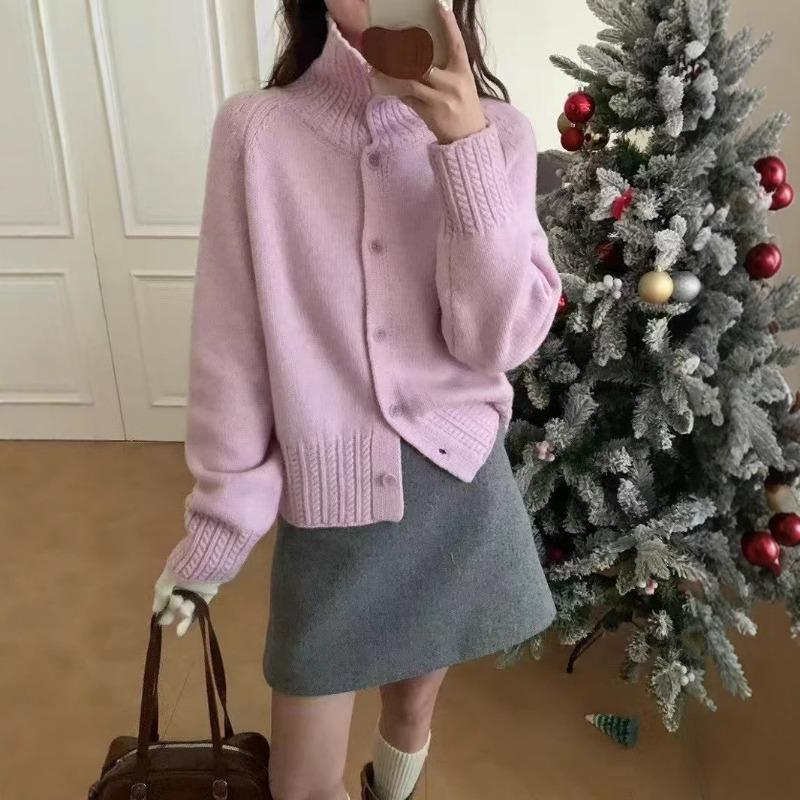 Simple solid color turtleneck sweater jacket for women's autumn and winter new shoulder-plugged long-sleeved knitted cardigan for women