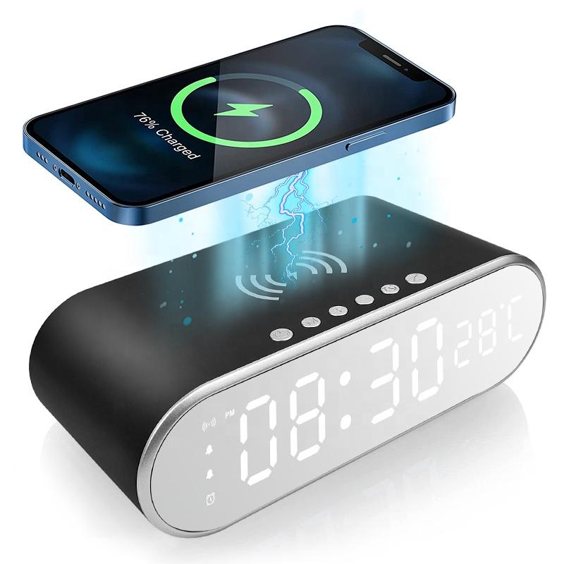 LED Alarm Clock Mobile Phone 15W Fast Wireless Charger HD Clock Mirror With Time Memory Digital Thermometer Desk Clock чёрный