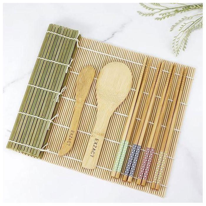 Kit de sushi - EXZACT - Ensemble 8 pièces - Tapis en bambou - Pagaie et épandeur de riz - Baguettes incluses