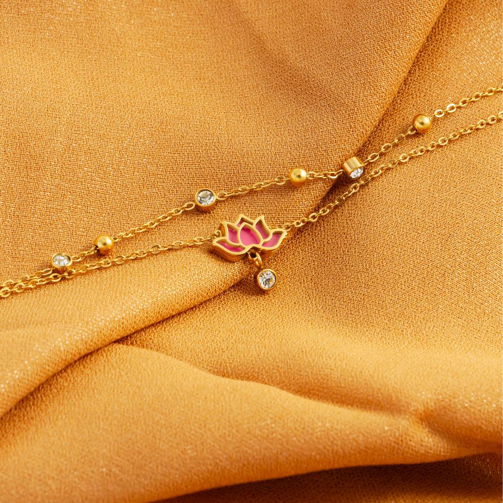 Multi Layer Zirconia Stainless Steel Chain White Pink Lotus Pendant Women's Fashionable Jewelry Gift Summer Beach Ankle Chain