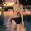 Sexy Bathing Suit Women Solid Color Bikini Set, Summer Two Piece Swimsuit, Halter Tie Underwire Top Slimming Beachwear & High Cut Bottom, for