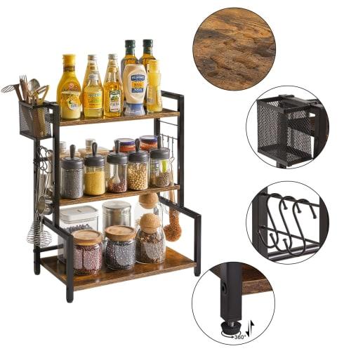 YMYNY 3-Tier Condiment Rack with Large Capacity, Metal Basket and 6 Hooks, Adjustable Height, Waterproof and Easy To Clean, Ideal for Kitchen and Bath