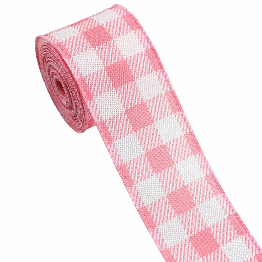 Draht-Weihnachtsband Rosa Kariert Grosgrain Weihnachtsgeschenkbox Verpackung Kuchenband für DIY Kranz Schleife Bänder