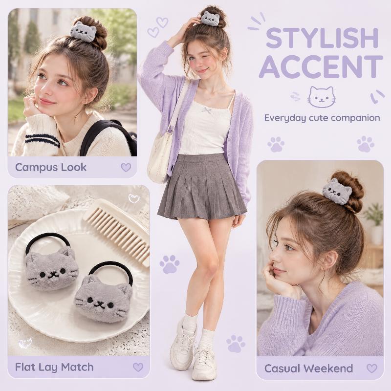 2Pcs Kawaii Cartoon Gray Cat Plush Hairband Soft Stuffed Animal Hair Scrunchie Daily Hair Accessories Hairclips For Women Gift