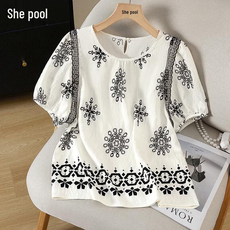 

Women s Contrast Print Short Sleeve Lace Trim Blouse One Size
