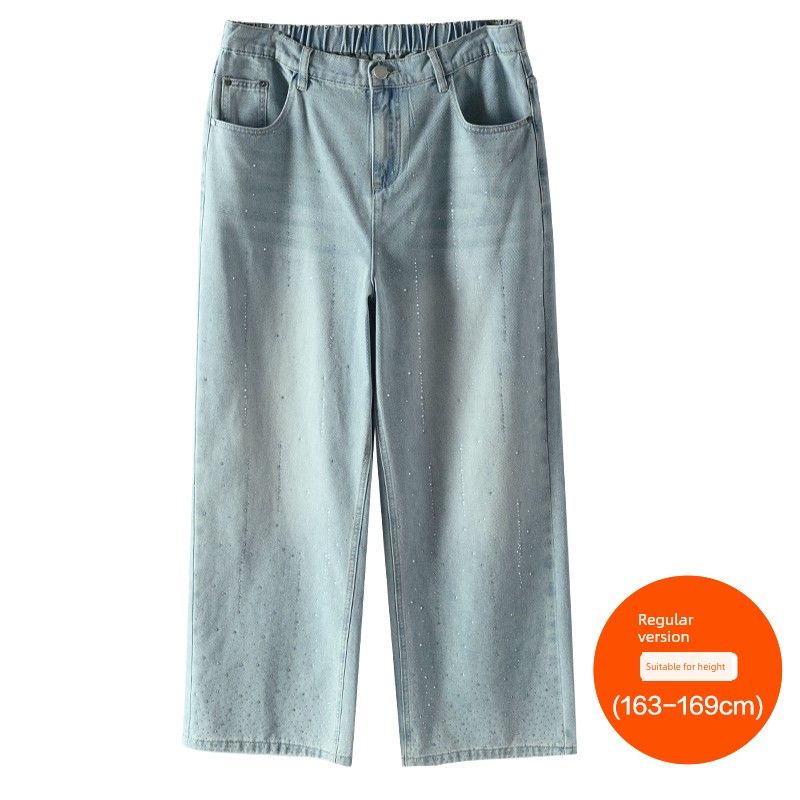 Plus size women clothing [Flash Jeans] Three Pants with Diamonds Shiny Summer Chubby Girl High Waist Straight Wide Leg Pants