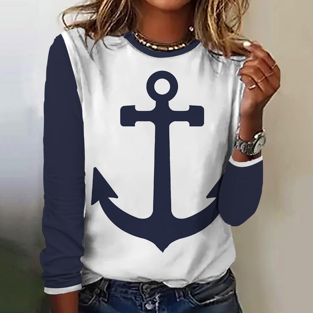 Herbst Frauen T Shirt Langarm Tops Anker Grafik Weibliche Kleidung Alltägliche Streetwear Oansatz Pullover Für frauen Tees 2023