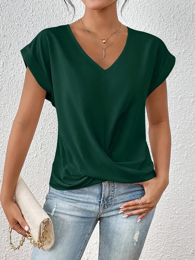 

Elegant Solid Color V-neck Short-sleeve T-shirt for Women - Spring/Summer Collection XXL